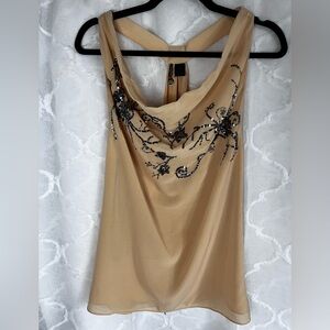 BKE Boutique M Tan Silver Floral Sequins Cowl Neck Slit Back Racerback Tank Top